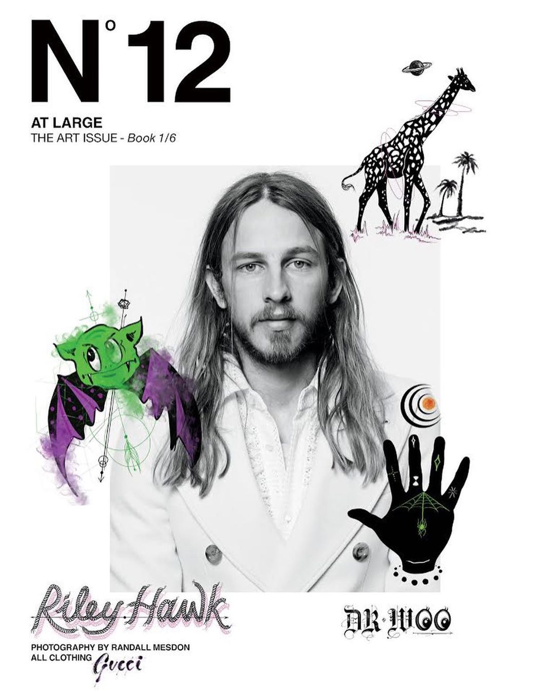 Magazine cover featuring a portrait of Riley Hawk with illustrations of a giraffe, bat, and hand on a white background.