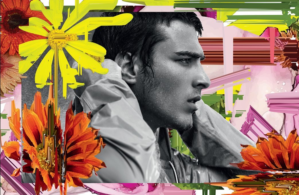Profile of a man with dark hair in a collaged floral and geometric setting, wearing a grey jacket against a grey background.