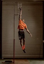 A male athlete in an orange t-shirt and black shorts leaping upward to touch a vertical jump testing apparatus against a roll-up door.