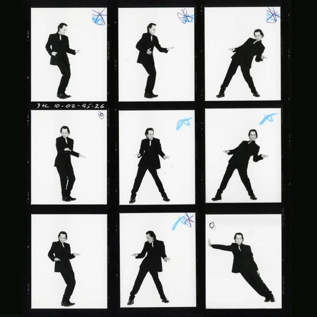 Black and white contact sheet features a man in a suit striking various poses against a plain white background, captured across nine frames.
