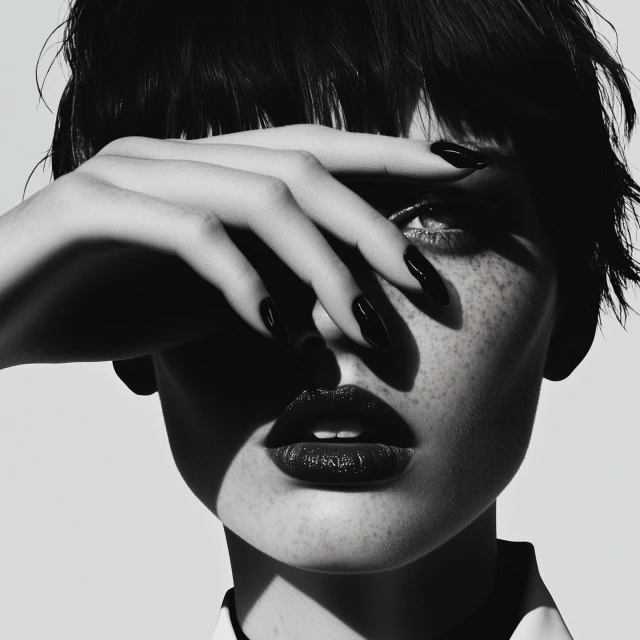 Striking monochrome portrait of a young woman with dark hair and bold lipstick, shielding her face with her hand in soft lighting.