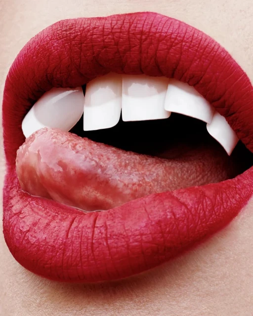 Extreme close-up of a woman's mouth with red lipstick and a tongue sticking out, showcasing dental and lip details.