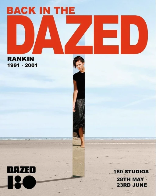 A vertical mirror on a beach reflects a woman standing near the shoreline under a bright sky, with overlaid magazine text.
