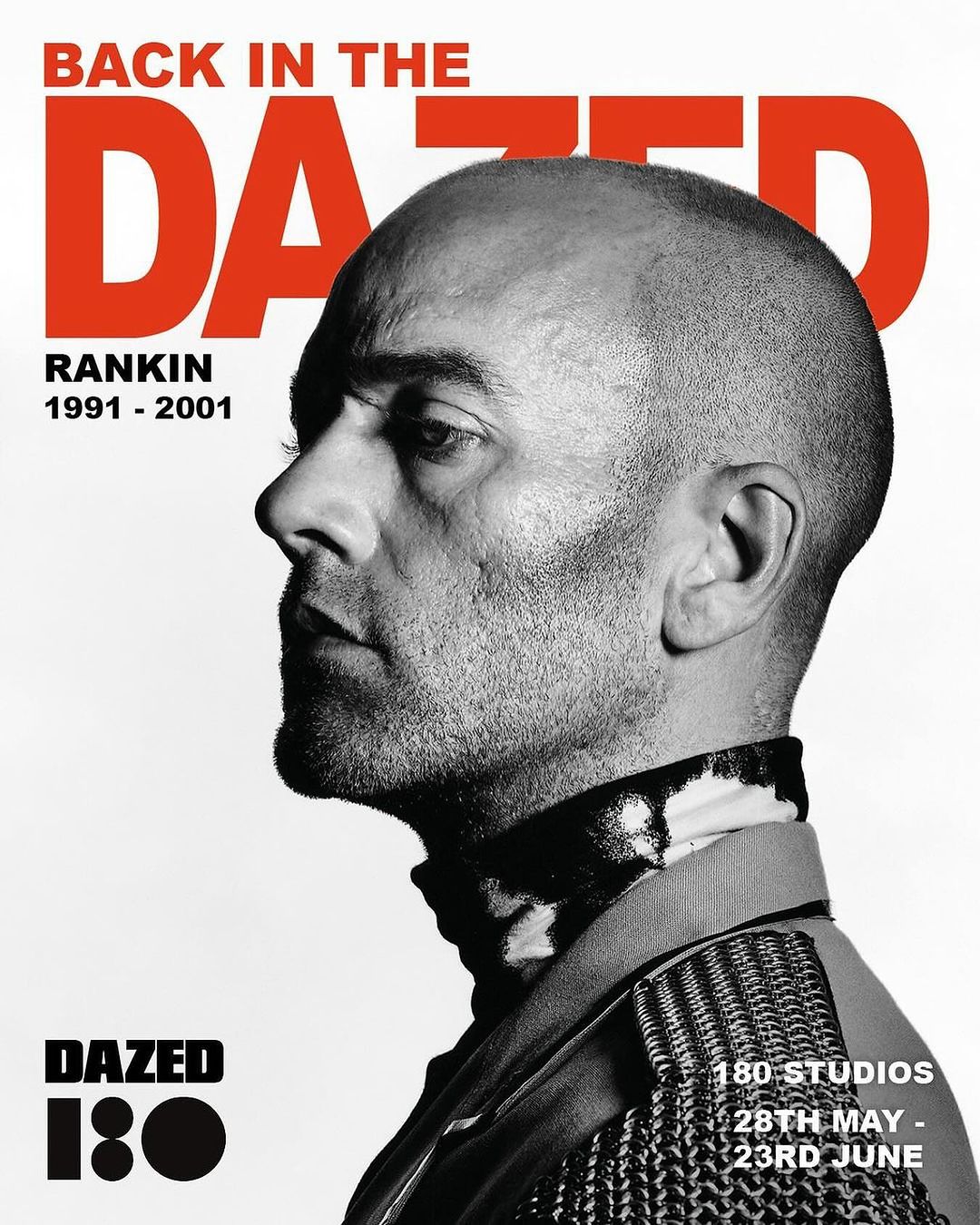 Black and white studio shot of a bald adult male in profile, wearing patterned shirt, against white background with bold red and black text.