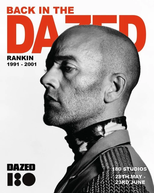 Black and white studio shot of a bald adult male in profile, wearing patterned shirt, against white background with bold red and black text.