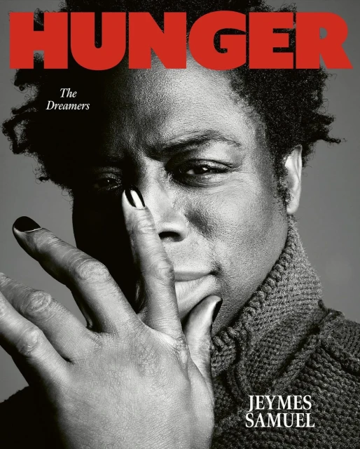 Black and white close-up of Jeymes Samuel on the cover of Hunger Magazine, hand to face, dark hair, wearing a textured sweater.