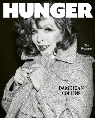Black and white portrait of Dame Joan Collins on the cover of Hunger magazine, wearing a tweed coat and rings, against a dark backdrop.