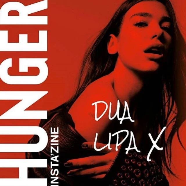 Dua Lipa poses in a striking studio shot for Hunger Insta'zine with red tones and bold white text, highlighting fashion and beauty.