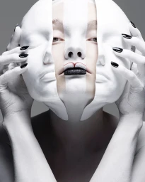 Close-up portrait of a woman holding a white split face mask revealing her face beneath, featuring black fingernails and dark lipstick.