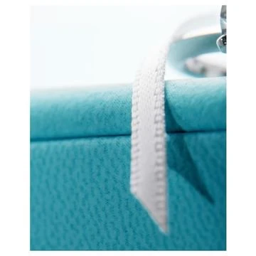 Close-up studio shot of a textured, turquoise-blue jewelry box with a white ribbon, emphasizing luxury and minimalist elegance.