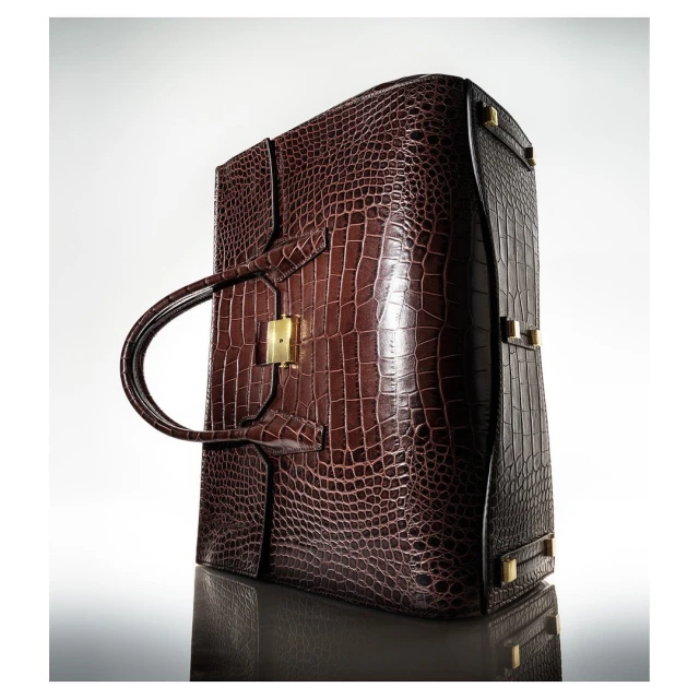 Elevated shot of a brown leather handbag with crocodile texture, gold accents, and a sleek, modern design against a bright gradient background.