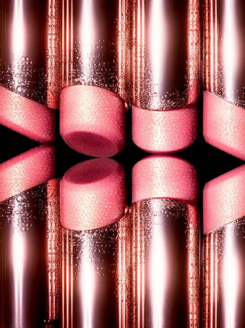 Close-up of multiple pink and gold lipsticks with water droplets against a black backdrop, beauty and cosmetics concept.