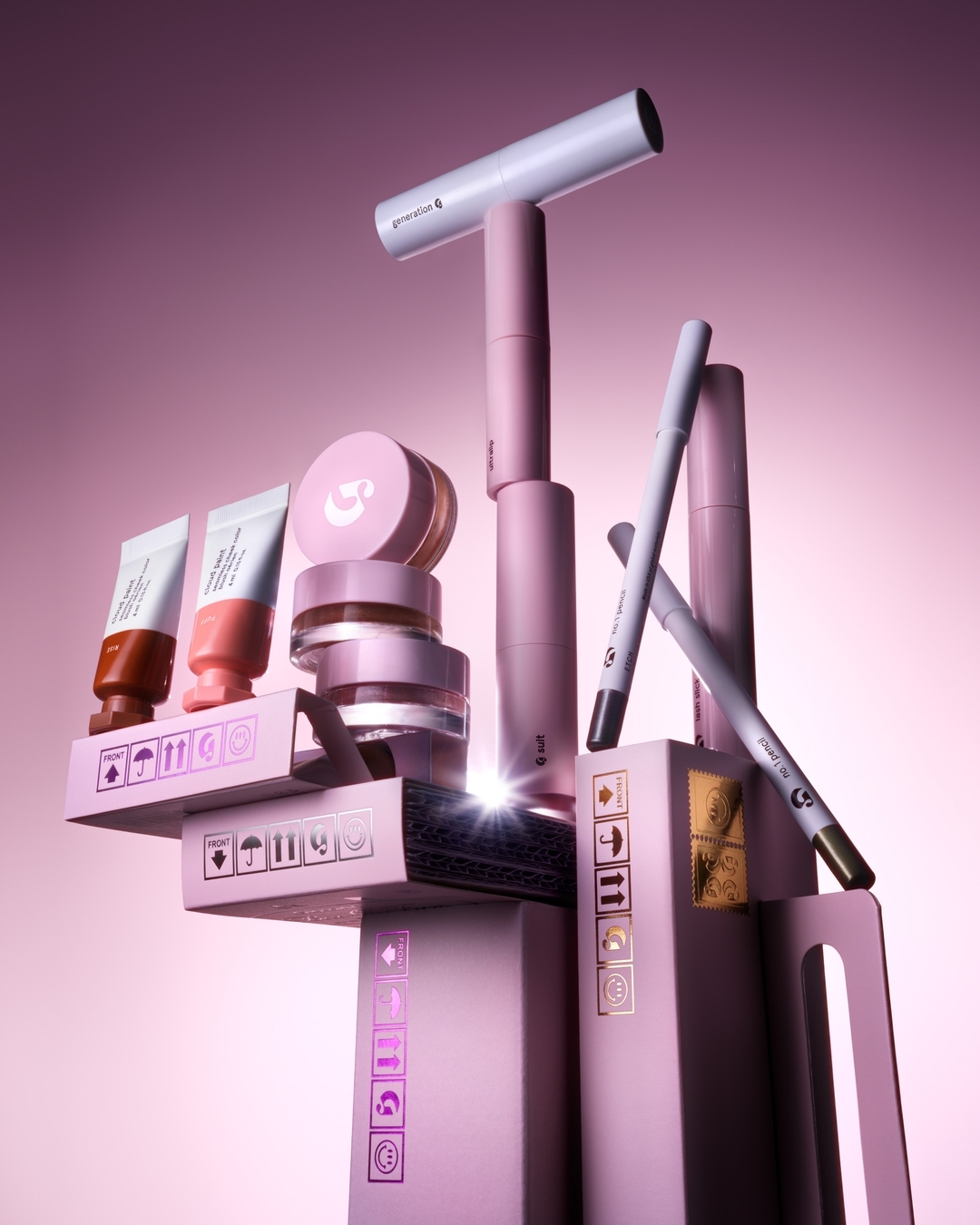 Cosmetic products are stacked on boxes, featuring tubes, jars, and pencils in pastel hues, against a soft pink gradient background.