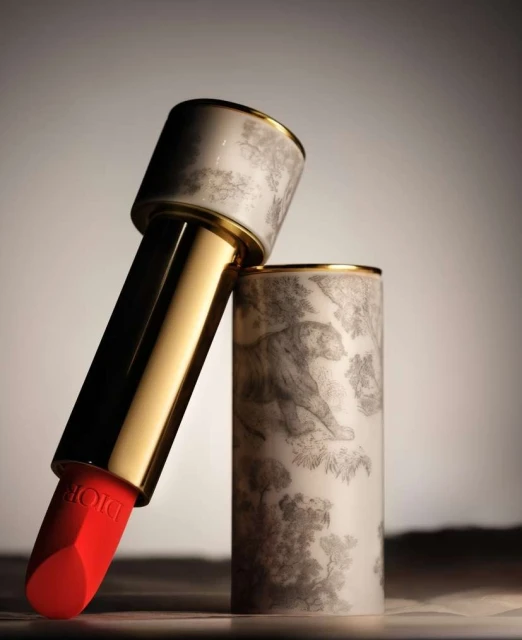 Elegant Dior lipstick with a gold band, a bright red tip and decorative tube, paired with its patterned case on a smooth surface.