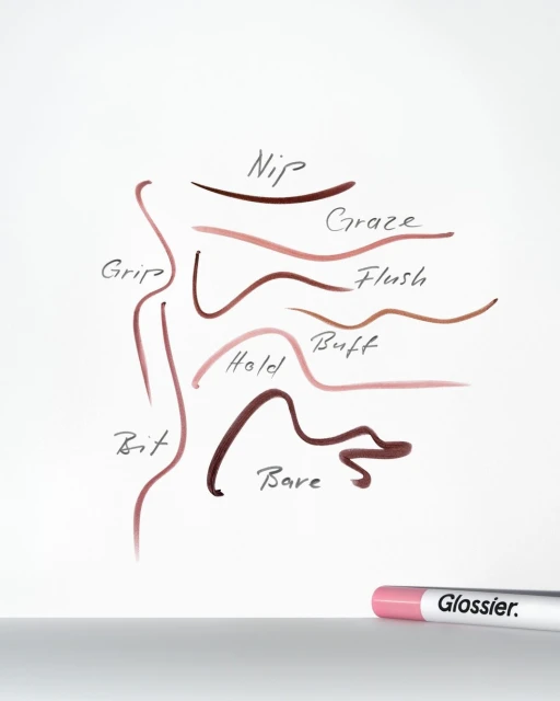 Cosmetic product swatches with handwritten labels displayed on white background with Glossier brand lip liner at bottom of frame.