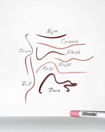 Cosmetic product swatches with handwritten labels displayed on white background with Glossier brand lip liner at bottom of frame.