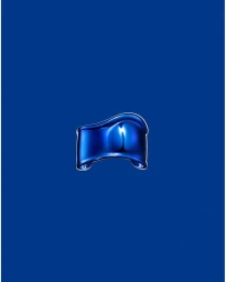 Close-up product photography of a polished blue metallic cuff bracelet centered against a vibrant solid blue backdrop.