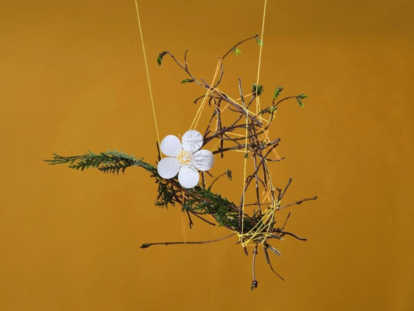 Botanical art installation features a white paper flower, green foliage, and bare branches suspended with yellow string against mustard background.