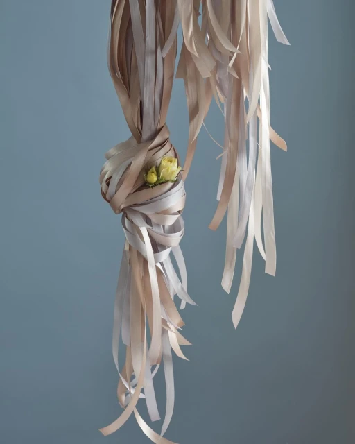 Abstract still life with ribbons, a floral accent, soft lighting, and a serene atmosphere. Perfect for backgrounds or creative projects.