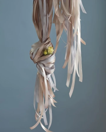 Abstract still life with ribbons, a floral accent, soft lighting, and a serene atmosphere. Perfect for backgrounds or creative projects.