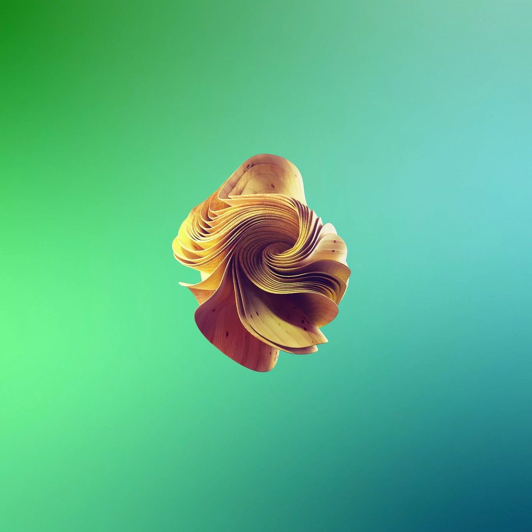 3D render of a wood-like swirl against a gradient green and blue background, showcasing smooth textures and abstract design.