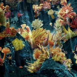 Close-up CGI underwater scene of vibrant yellow and orange coral reefs attached to dark rocky formations.