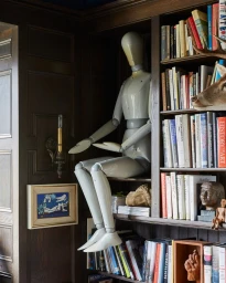 An artist's wooden mannequin sitting among dark wood bookshelves filled with books in a library setting