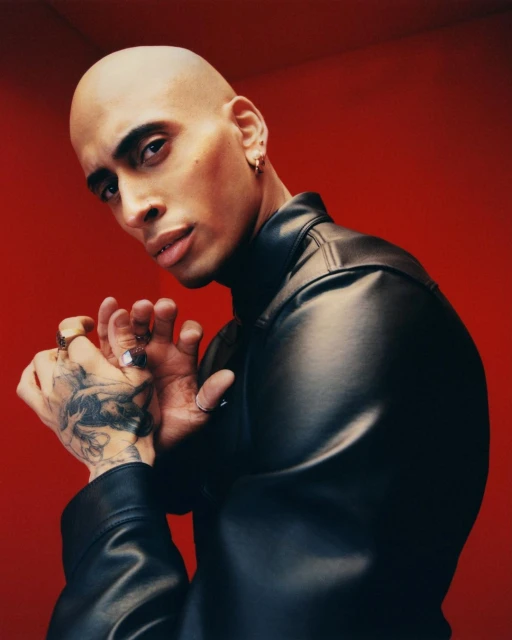 Bald adult male poses in a black leather jacket against a vibrant red backdrop, showcasing tattoos and jewelry in a studio setting.