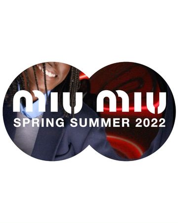 Miu Miu Spring Summer 2022 ad featuring a smiling Black woman with braided hair wearing a navy blazer in an oval crop.