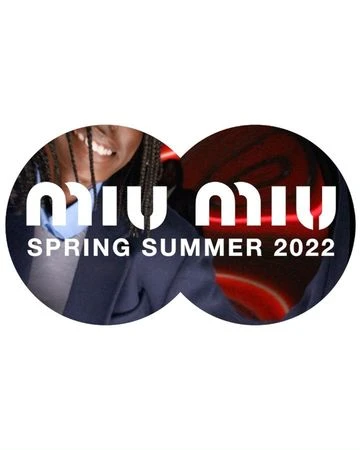 Miu Miu Spring Summer 2022 ad featuring a smiling Black woman with braided hair wearing a navy blazer in an oval crop.