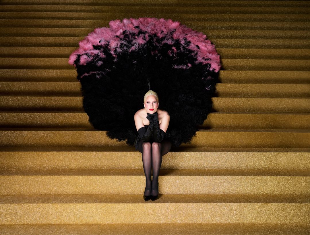 Woman in a large black and pink feathered dress sits on gold steps, wearing gloves and stockings, looking directly at the camera.