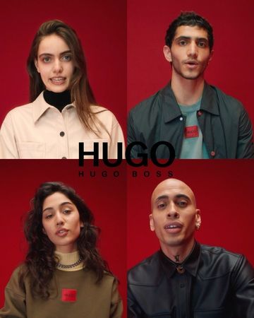 Collage of four portraits against a red background, featuring two women and two men wearing casual clothing, promoting Hugo Boss brand.