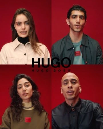 Collage of four portraits against a red background, featuring two women and two men wearing casual clothing, promoting Hugo Boss brand.