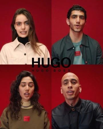 Four models are arranged in a grid format against a red background, showcasing clothing with HUGO and Hugo Boss branding.