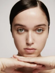 Close up portrait of a woman with dark slicked hair resting her chin on her crossed hands against a light background