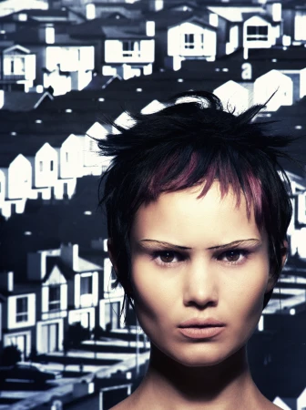 Close-up portrait of a woman with a short dark haircut, against a background of stylized houses, creating a contrast between human and architecture.
