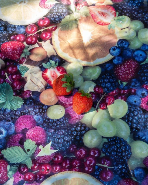 Overhead shot of vibrant mixed fruit including strawberries, blueberries, citrus slices, blackberries, and red currants filling the frame.