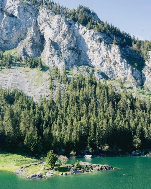 Scenic landscape featuring a mountain, forest, and lake. The rugged mountain face rises above a dense green forest and turquoise lake.