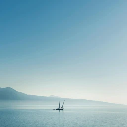 A sailboat glides across a calm ocean under a clear blue sky, with distant hazy mountain ranges along the horizon.