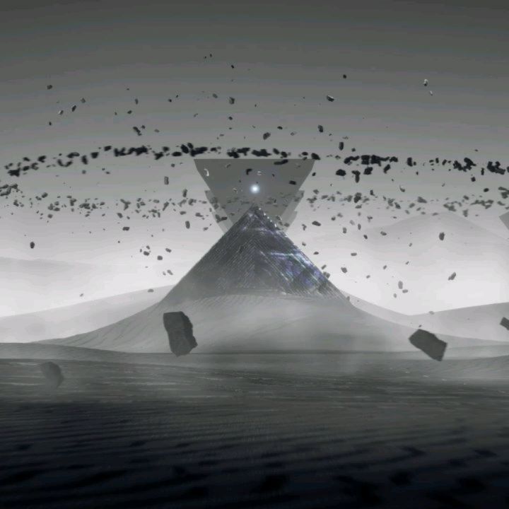 Black and white digital rendering of pyramid in a desert landscape with floating rock debris, creating a surreal and geometric composition.