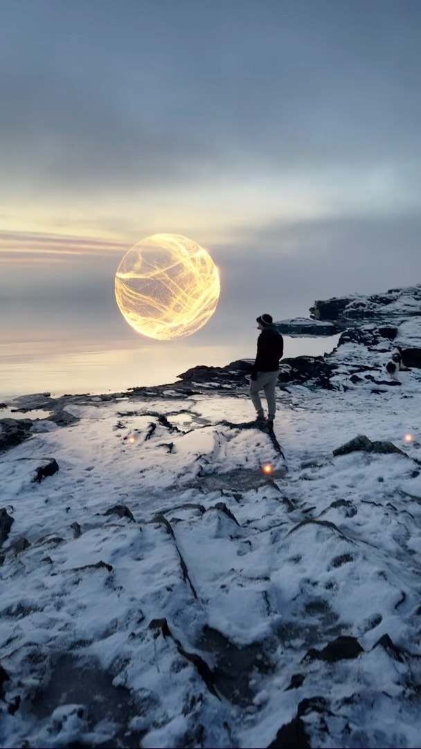 Man stands on a snowy, rocky outcrop near water under a cloudy sky watching an orb of light in the distance.