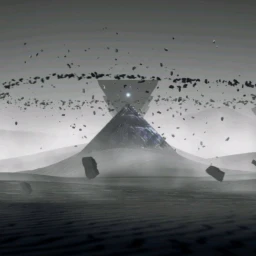 Monochrome CGI rendering of a large geometric pyramid structure floating above a desolate landscape with debris rings