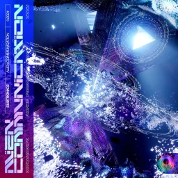 CGI artwork featuring geometric alien structures, glowing crystal shards, and futuristic typography against a deep space backdrop.