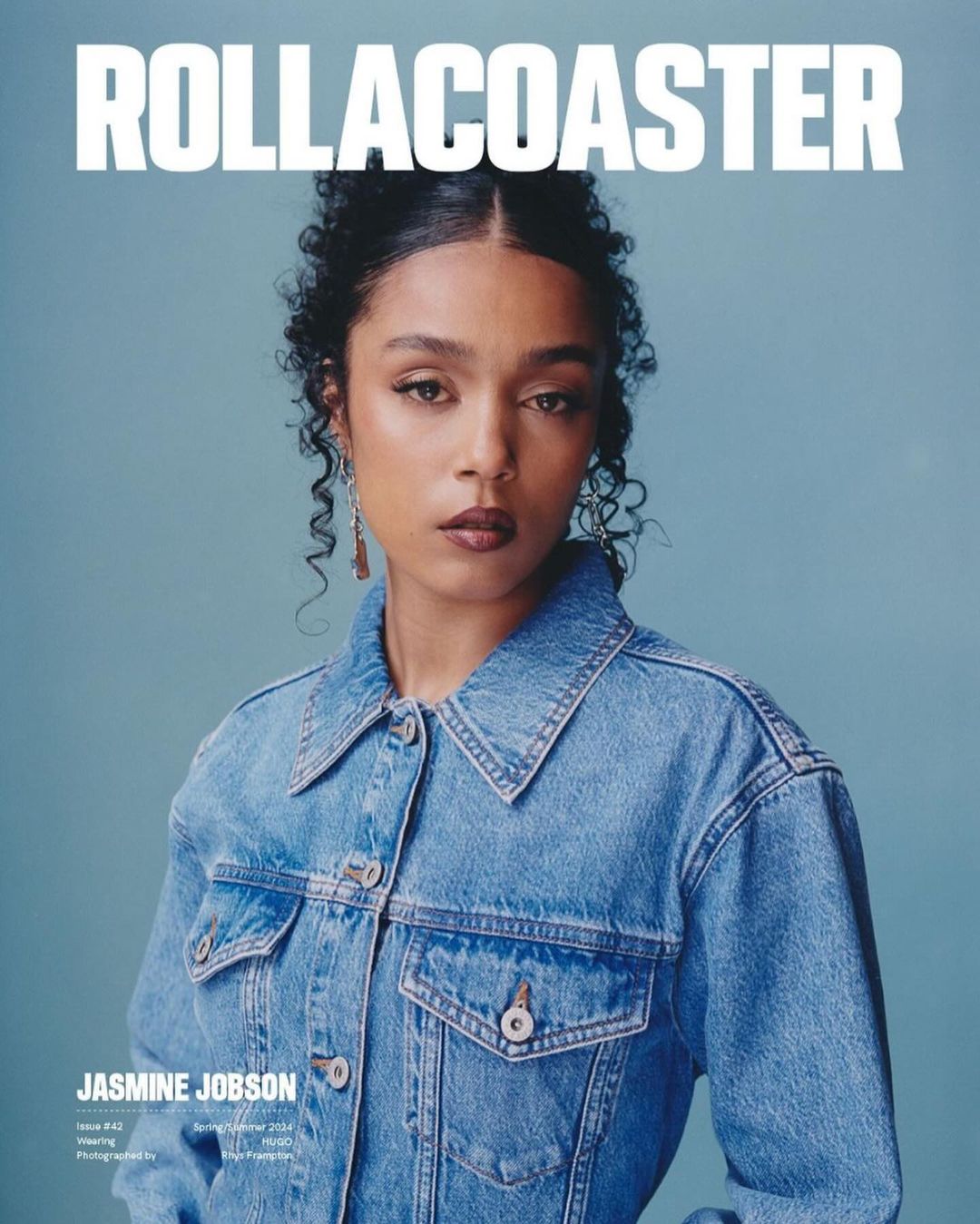 Close-up portrait of Jasmine Jobson on a magazine cover wearing a denim jacket against a blue backdrop with Rollacoaster text.