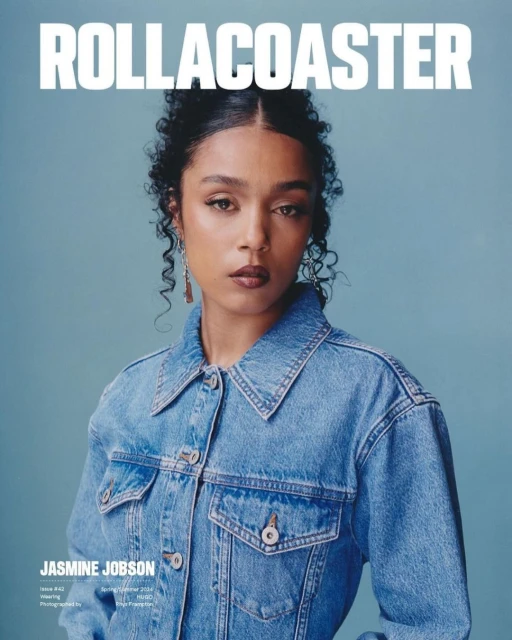 Close-up portrait of Jasmine Jobson on a magazine cover wearing a denim jacket against a blue backdrop with Rollacoaster text.