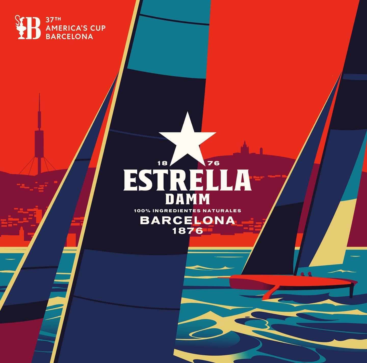 Illustrated poster art for the 37th America's Cup in Barcelona. Features sailboats on stylized waves and a cityscape at sunset.