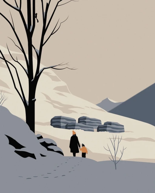 Illustration of a mother and child walking through a snow-covered landscape with minimalist trees and mountains in soft, muted colors.