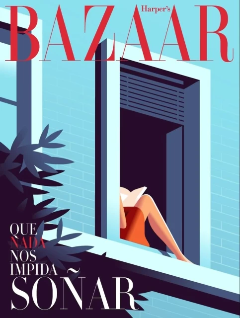 Magazine cover illustration features a figure reading by a window, bathed in cool blue tones with a pop of warm orange from the figure's dress.