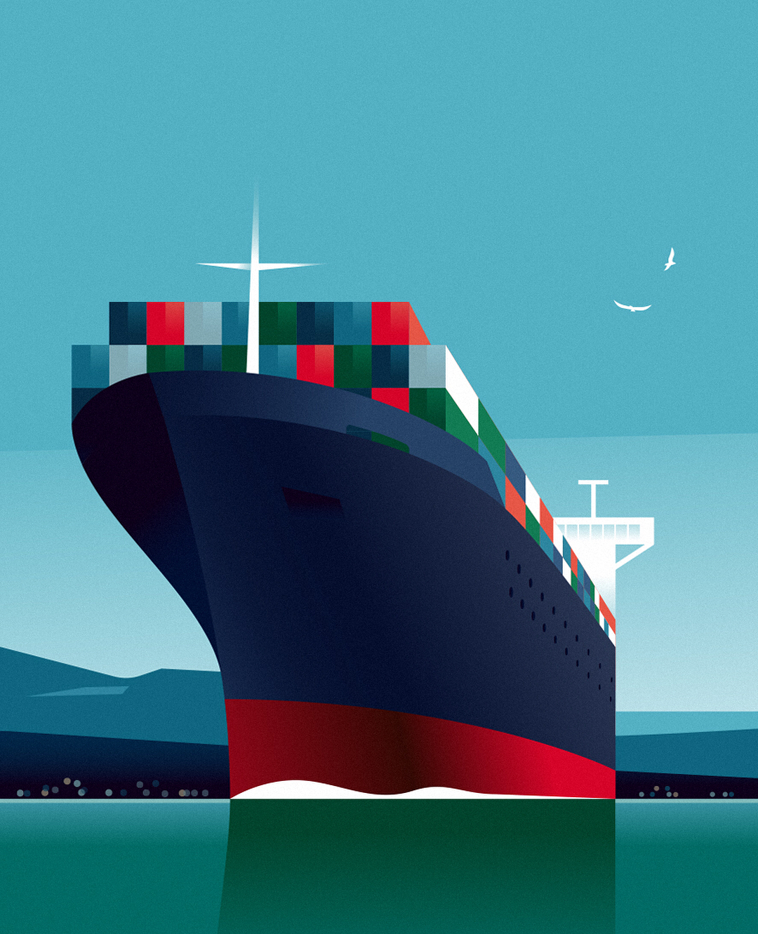 Illustration of a cargo ship carrying containers at sea on a sunny day, with birds in flight and distant land visible.