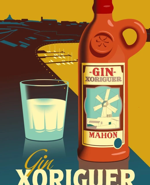 Illustration of a Gin Xoriguer bottle and a glass of gin against a city skyline in shades of orange, brown, and teal.